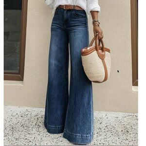 Western Dark Wash Cotton High Waisted Wide leg Denim Jeans